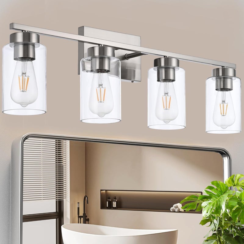 A1A9 4 Light Bathroom Vanity Light Fixtures, Brush Nickel Modern Wall Lights with Clear Glass Shade, Vintage Wall Sconce Lighting for Living Room, Mirror, Bedroom, Hallway (Nickel, 4-Lights) - Image 1